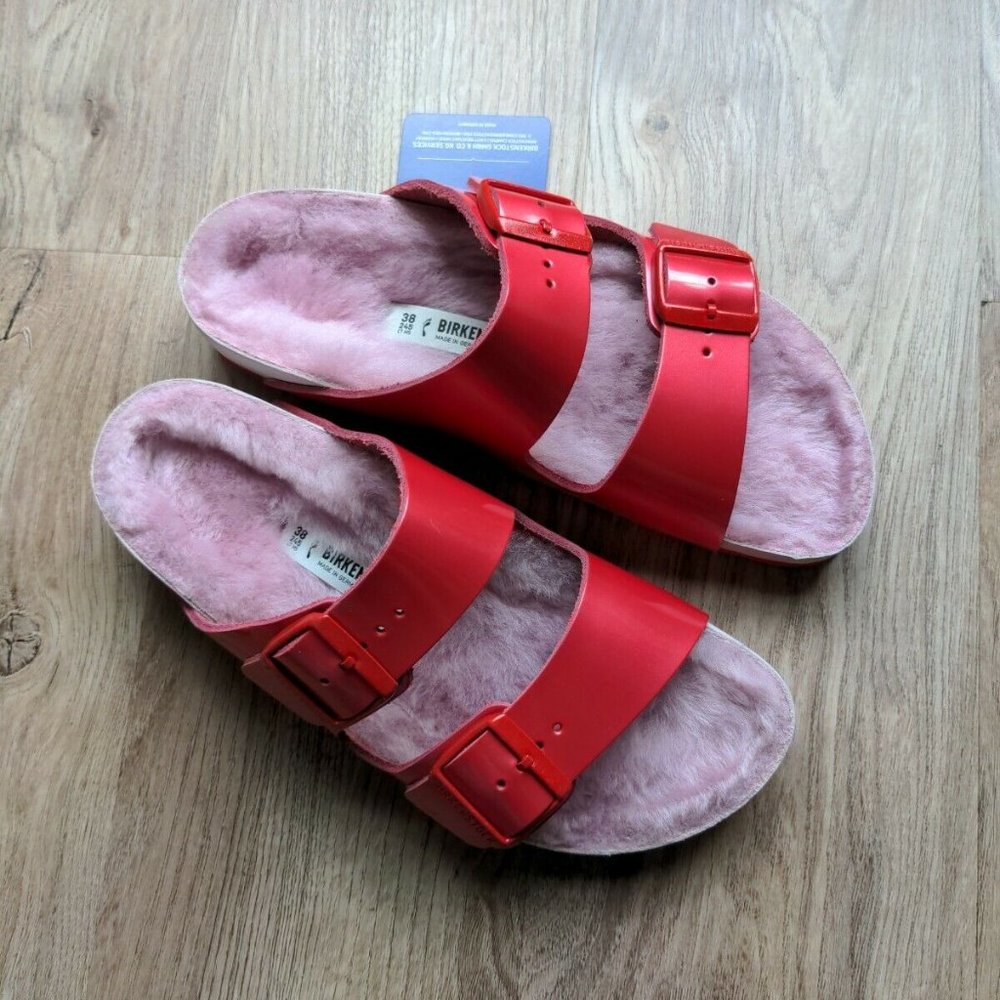 Birkenstock Dark Pink-Red Arizona Sandals with Light Pink Shearling Footbed - Picture 5 of 14